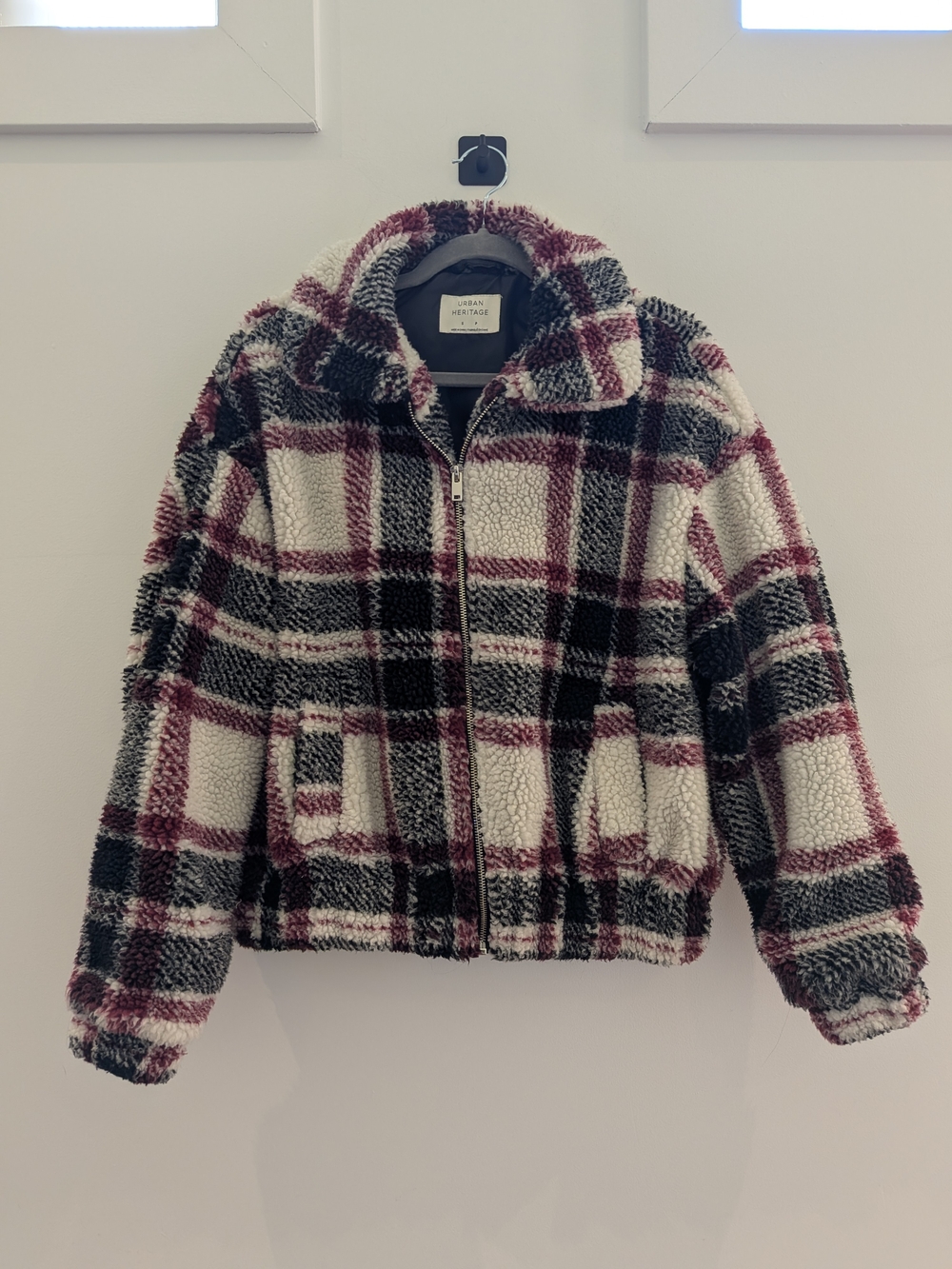 Urban Heritage Plush Sherpa Plaid Jacket in White, Black & Burgundy